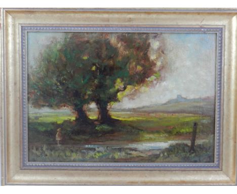 R K Jameson, Figure in a Landscape, oil on canvas, indistinctly signed lower left, 24 x 35cm.