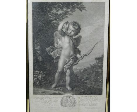 18th century French school, a study of Cupid drawing an arrow from his quiver, steel engraving. H.44cm W.30cm