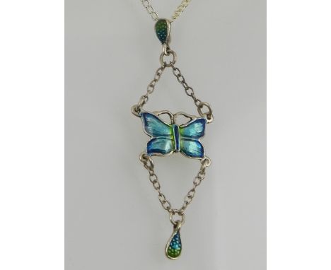 A silver and enamel butterfly pendant necklace. 