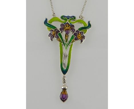 A silver and enamel floral pendant necklace, in the Art Nouveau taste. 