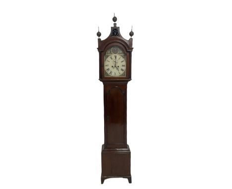 An early 19th century oak cased longcase clock with a pagoda pediment and three ball and spire finials,  open fretwork to the