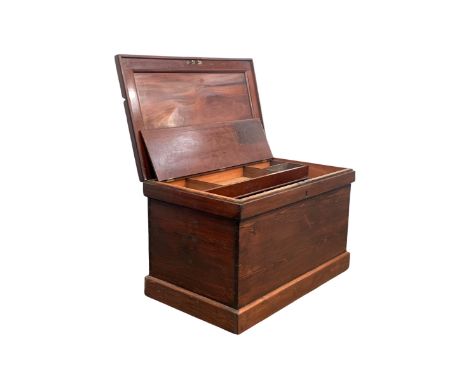 Victorian stained pine carpenters tool chest, the hinged lid revealing mahogany lined interior fitted with three sliding lift