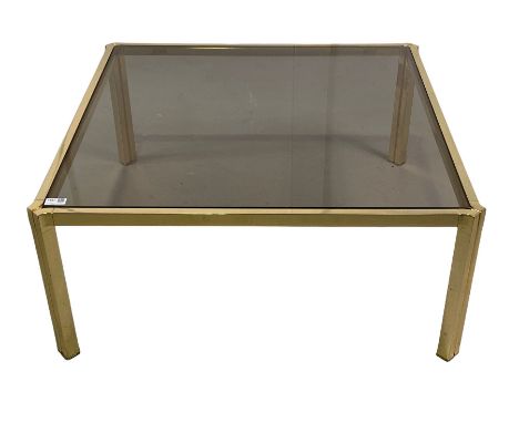 Vintage mid century coffee table, smoked glass top raised on cast brass frame and supports 86cm x 86cm, H37cm