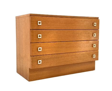 Mid century vintage teak chest, fitted with four drawers, raised on plinth base W81cm