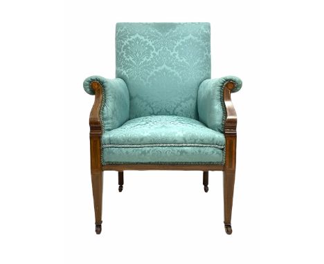 Edwardian mahogany armchair, the show frame with boxwood and satinwood inlay, upholstered in blue floral damask silk, raised 