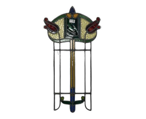 Early 20th century Art Nouveau period stained and leaded glass panel, stylised tulip design 74cm x 40cm