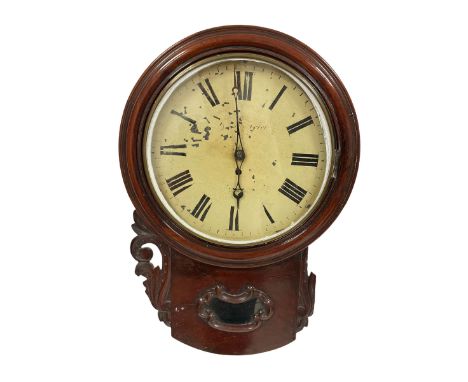 A 19th century English single fusee eight-day wall clock in a mahogany case with a 16" diameter wooden bezel and 12" painted 