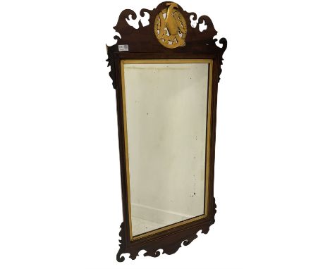Large Chippendale style wall hanging mirror, mahogany fret cut frame with gilt ho-ho bird, 58cm x 120cm