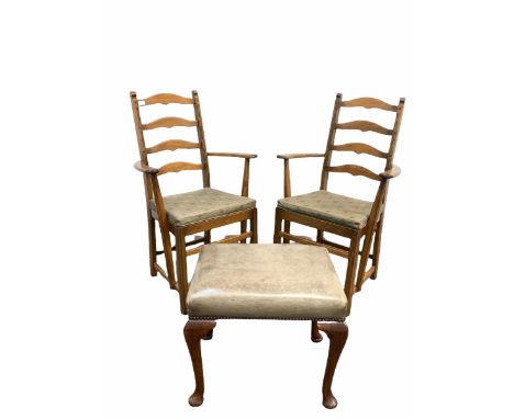 Pair of Ercol ladder back carver chairs with upholstered squab cushions, (W62cm) together with a mahogany framed footstool, t