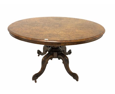 Victorian walnut breakfast table, the well figured oval tilt top raised on baluster turned column and four splayed, scrolled 