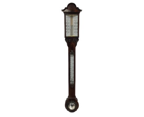 A mid-19th century mercury cistern stick barometer in a mahogany case with a domed and moulded pediment, rectangular trunk wi