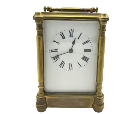 French timepiece carriage clock c1900 with a cylinder platform escapement, white enamel dial, Roman numerals and minute track