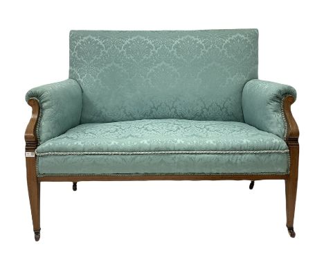 Edwardian mahogany two seat settee, the show frame with boxwood and satinwood inlay, upholstered in blue floral damask silk f