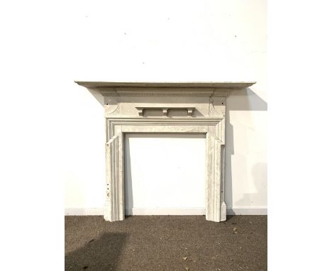 Georgian painted pine fire surround, mantel shelf with moulded edge over dentil cornice and open shelf, aperture enclosed by 