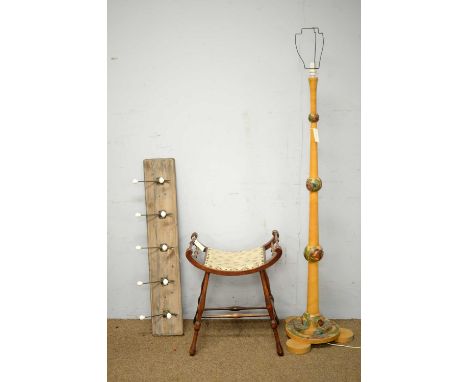 A mid 20th Century beechwood lamp standard, the knopped stem and base with painted floral design, 167cms high; an Edwardian b