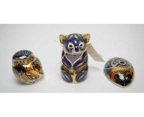 Royal Crown Derby Koala paperweight, 11.5cms high; and two other Royal Crown Derby paperweights including an owl. (3) 