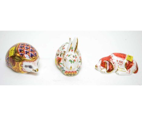 Royal Crown Derby 'Meadow Rabbit' paperweight, exclusive for Royal Crown Derby Collectors Guild, 7.5cms high; along with two 