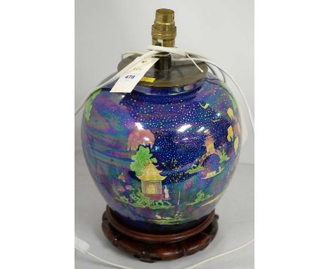 Carltonware 'Bleu Royale Mikado' lustrous table lamp, decorated with temple scenes, 30cms high, on circular carved wood stand