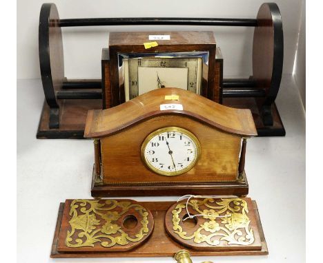 Early 20th Century brass bound walnut book slide; Smith Art Deco mantel clock; Edwardian inlaid mahogany mantel clock, the mo