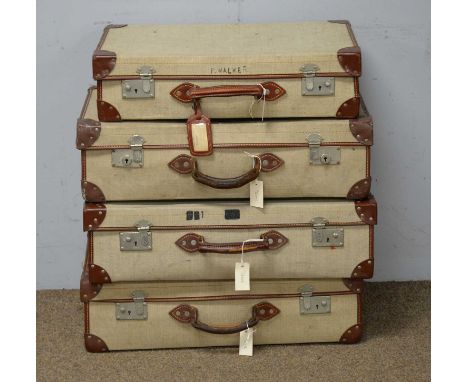 Four vintage Papworth Industries military canvas and leather-bound suitcases, one stamped 'Navy Suitcase' to interior, all ma