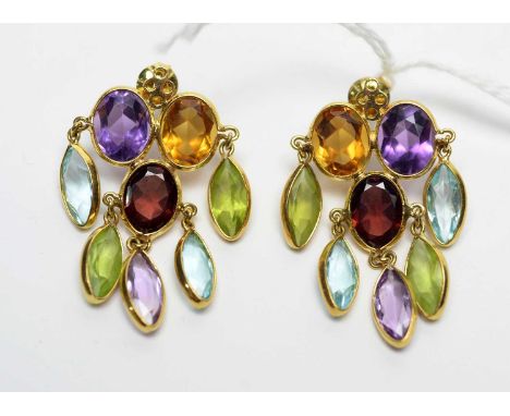 A pair of gemstones set chandelier earrings, set with amethyst, citrine, garnet, peridot and topaz in yellow metal mounts.