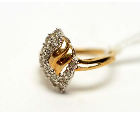 A diamond set dress ring, in wavy mount, 9ct yellow gold shank, ring size M.