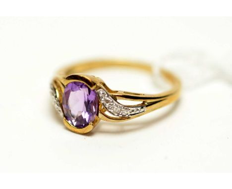 An amethyst and diamond ring, the oval faceted cut amethyst within diamond set wave pattern mount, 9ct yellow gold shank, rin