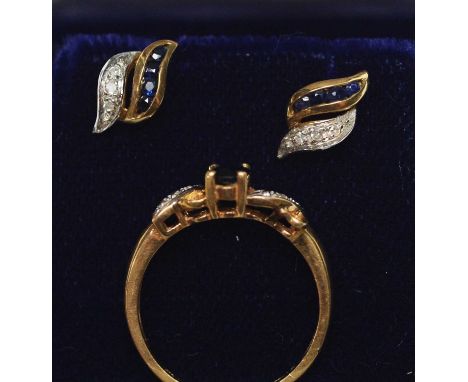 An amethyst and diamond ring and similar earrings, the ring set with oval facet cut sapphire flanked by diamond shoulders on 