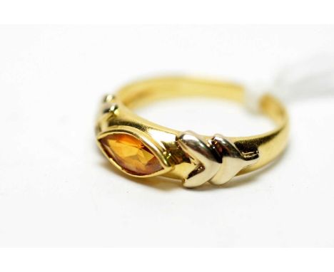 A citrine ring, the marquise cut citrine in 18ct yellow gold mount and shank, ring size M, 3.4g gross.