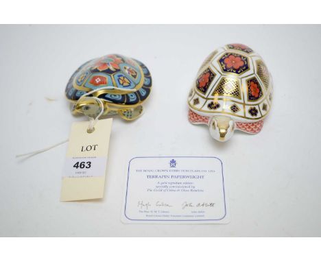 Royal Crown Derby 'Terrapin' paperweight, with certificate card; and an Imari Royal Crown Derby tortoise paperweight. (2) 