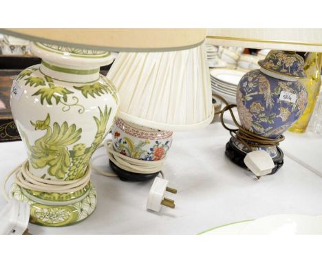Spanish Casa Fina ceramic table lamp, with green leaf decoration; along with two other table lamps. (3) 