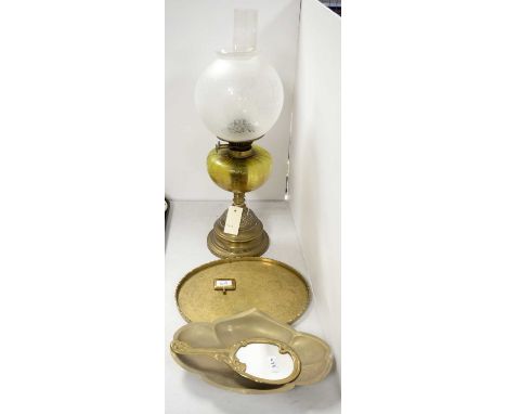 Brass oil lamp, with ombre glass reservoir and patterned opaque glass shade, 36cms high excluding shade and funnel; along wit