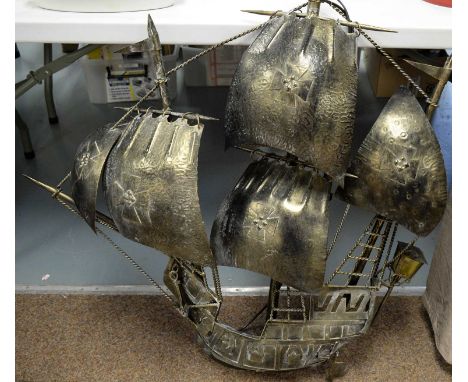 20th century sculptural metal wall light, in the form of a sailing ship, approximately 101cms high.
