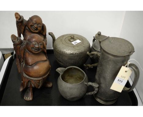 Pair of Chinese rootwood figures, each approximately 21cms high; and a Chinese pewter four piece tea and coffee service.