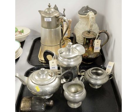 Round Head hammered pewter four piece tea service, comprising tea pot, hot water pot, cream and twin handled sugar bowl; alon