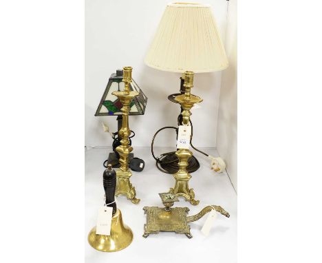 20th century table lamp, with Tiffany style stained glass shade, 35cms high; along with another table lamp, pair of brass can