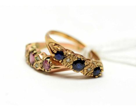 A ruby and diamond ring; and a sapphire and diamond ring, both on 9ct yellow gold shank's, ring size P.