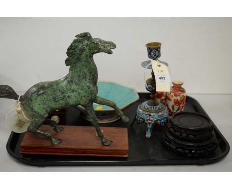 Cloisonne enamel candlestick, decorated with stylised flowers in pinks, greens and blues, 20cms high; along with a selection 