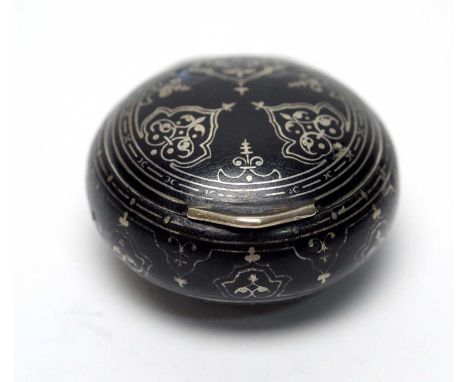 A late 19th/early 20th-Century Hungarian 800 standard silver and black enamel pill box, makers mark G.A.S., with gilt interio