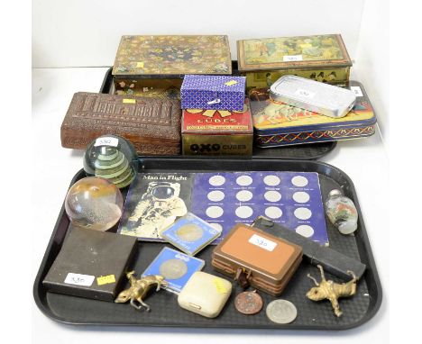 Selection of vintage tins and boxes, including: Oxo Cubes tin, Taj Mahal carved wood trinket box, and others; along with a se