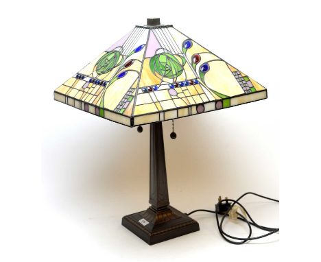 20th century table lamp, the Tiffany style stained glass shade with Charles Rennie Mackintosh style Glasgow rose design, 58cm