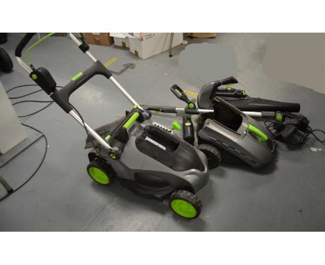 G Tech garden tools, comprising: lawn mower, leaf blower and strimmer. 