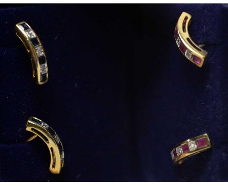 Two pairs of earrings, one set ruby and diamond the other sapphire and diamond, each in yellow metal mounts, stamped '375'.