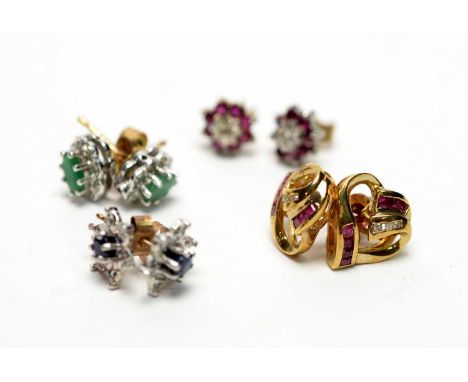 A selection of gem set and diamond stud earrings, including ruby and diamond heart shaped earrings; a diamond and ruby cluste