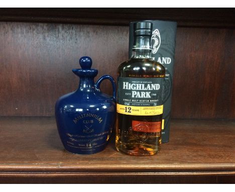 HIGHLAND PARK AGED 12 YEARS
Active. Kirkwall, Orkney.
70cl, 40% volume, in tube.
MILLENNIUM CLUB 14  YEARS OLD FLAGON
Speysid