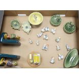 A pair of Leprechaun bookends, a collection of various Lucky Fair Folk figures, Shamrock pin dishes,