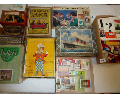 QTY OF LOOSE LEGO, VARIOUS JIGSAWS ( NOT CHECKED), PIP SQUEAK AND WILFRED, CHAD VALLEY THE MAD TEA PARTY, VICTORY QUEEN MARY,
