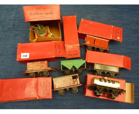 HORNBY 0 GAUGE 6 BOXED WAGONS NE NO 1 13T 404844, LMS FLAT WITH CONTAINER 42160, LMS HOPPER IN GREEN 42180, NE NO1 GOODS BROW