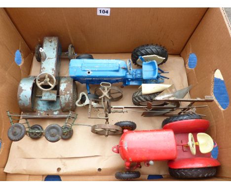 TINPLATE TRACTOR, HEAVY RED TRACTOR, FORD 4600 TRACTOR, MISC. PLOUGHS