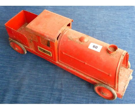 TRIANG EXPRESS TINPLATE PULL ALONG MODEL RAILWAY ENGINE AND A CHILDS ROCKING HORSE